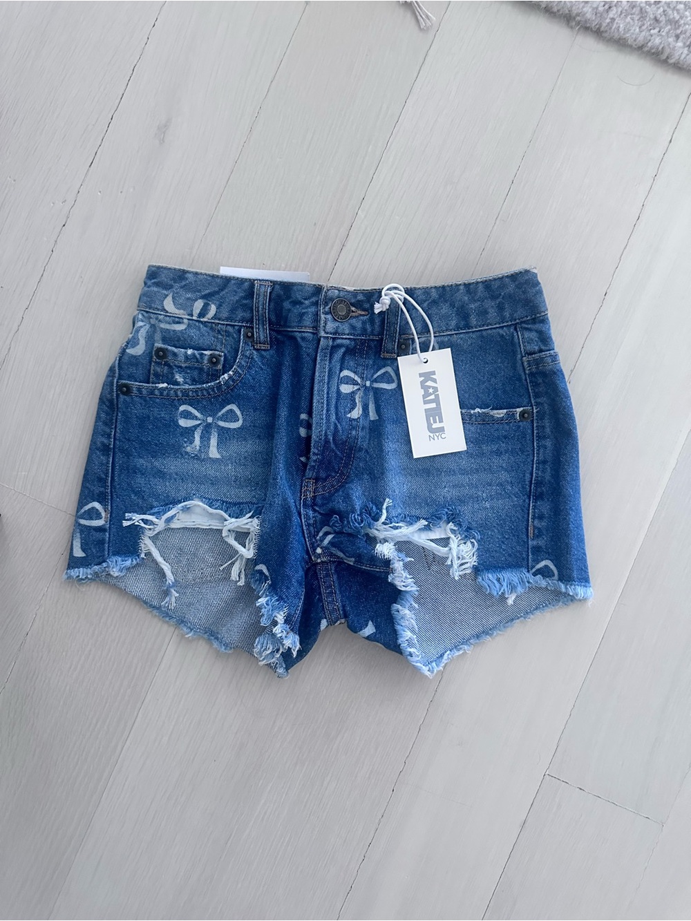 Katie J NYC Blue Bow Print Denim Shorts - 12 (sold out)